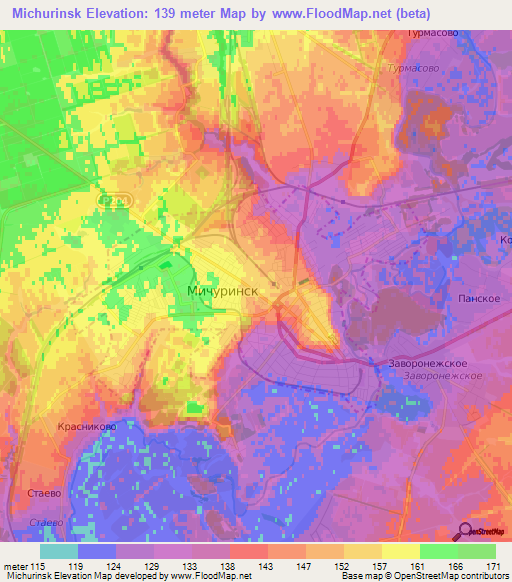 Michurinsk,Russia Elevation Map