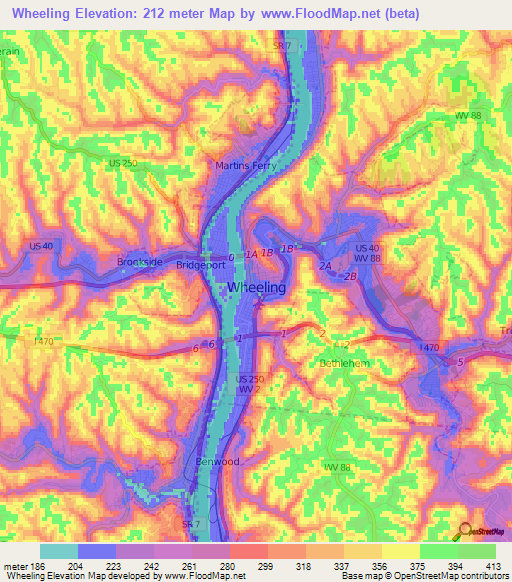 Wheeling,US Elevation Map