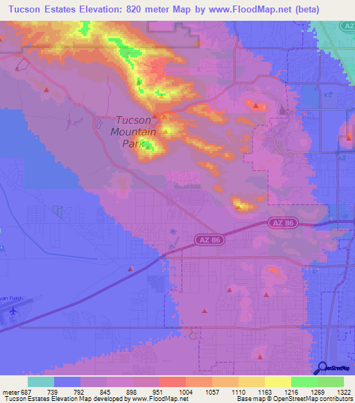 Tucson Estates,US Elevation Map