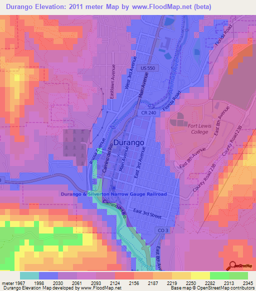 Durango,US Elevation Map