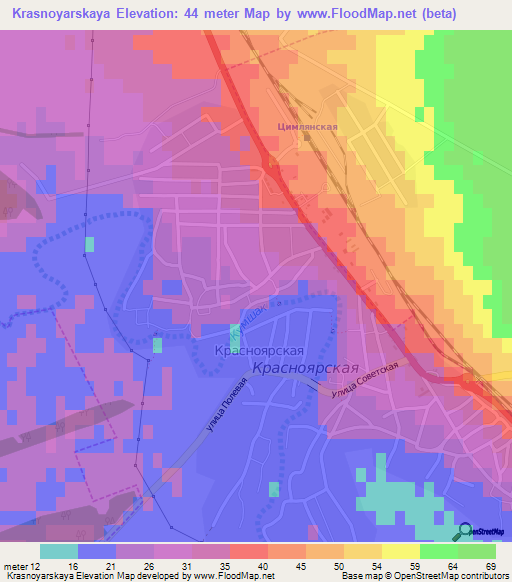 Krasnoyarskaya,Russia Elevation Map