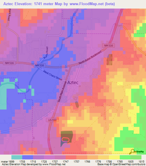 Aztec,US Elevation Map