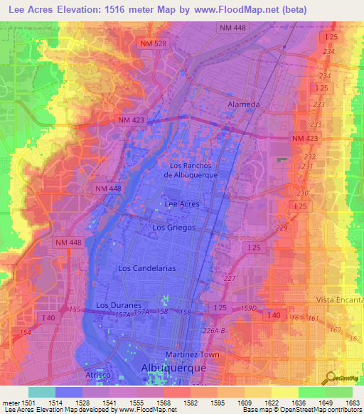 Lee Acres,US Elevation Map