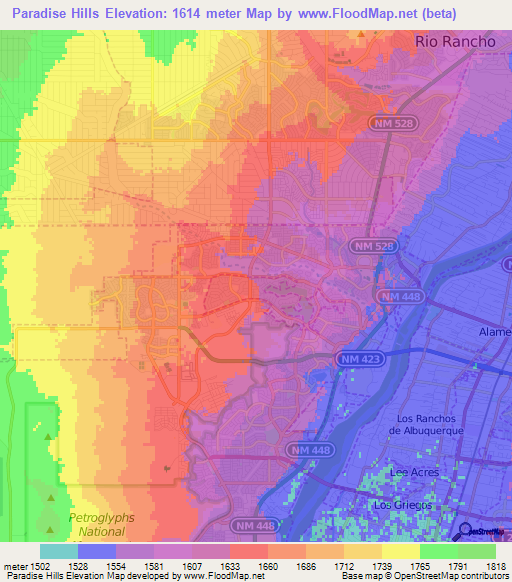 Paradise Hills,US Elevation Map