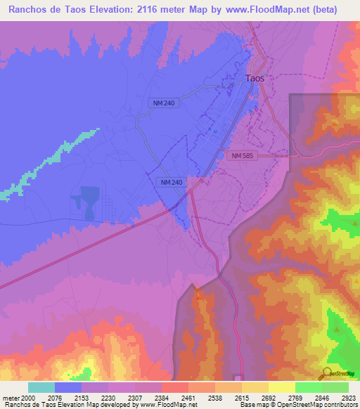 Ranchos de Taos,US Elevation Map