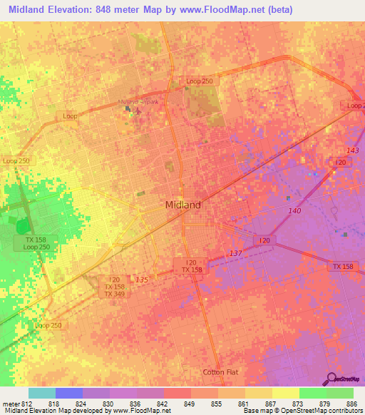 Midland,US Elevation Map