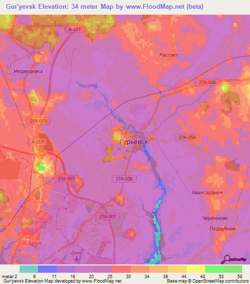 Gur'yevsk,Russia Elevation Map