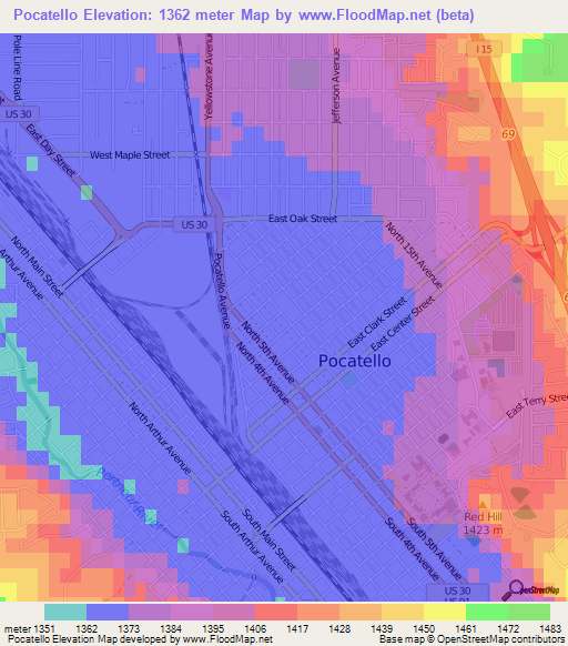 Pocatello,US Elevation Map