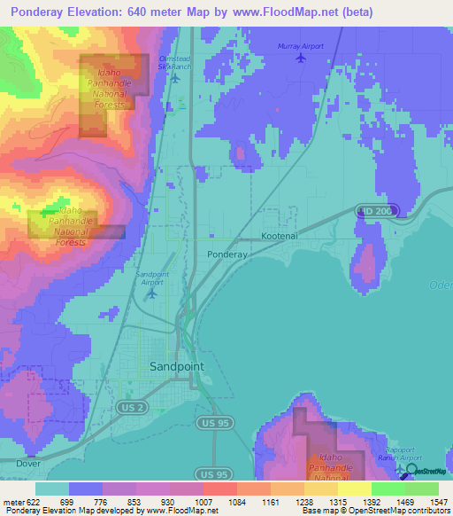 Ponderay,US Elevation Map