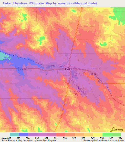 Baker,US Elevation Map