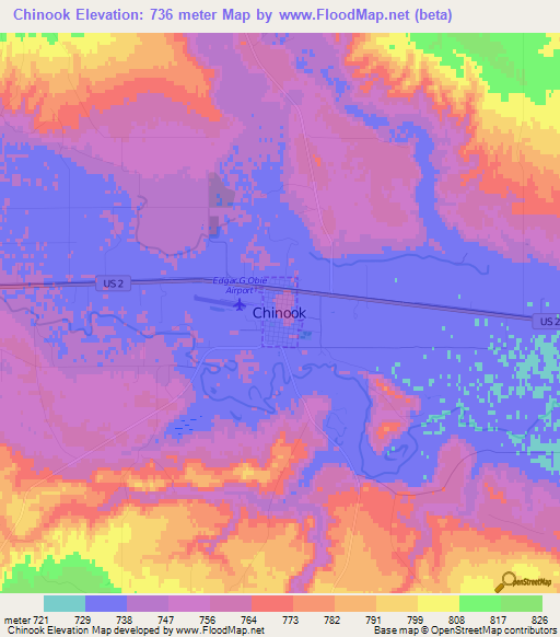 Chinook,US Elevation Map