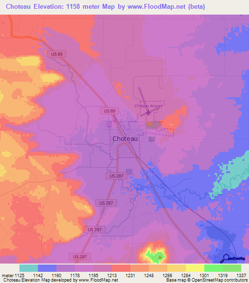 Choteau,US Elevation Map