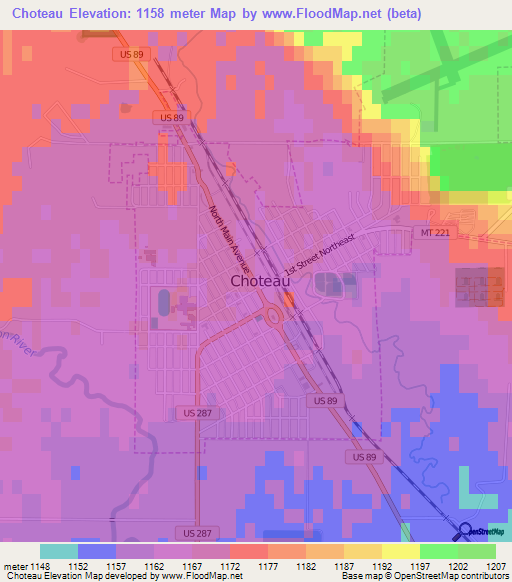 Choteau,US Elevation Map