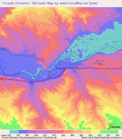 Forsyth,US Elevation Map