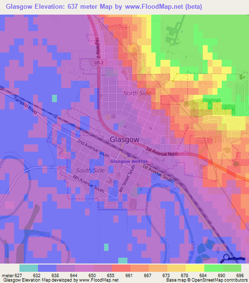 Glasgow,US Elevation Map