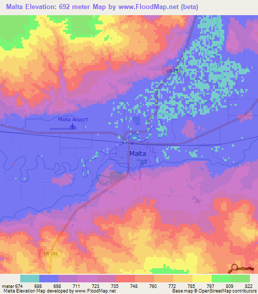 Malta,US Elevation Map