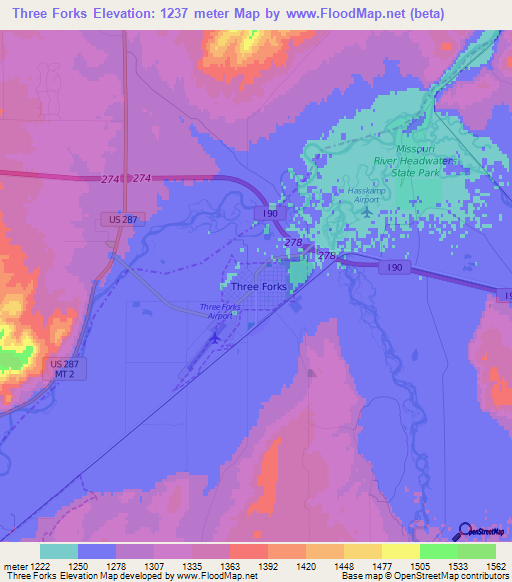 Three Forks,US Elevation Map