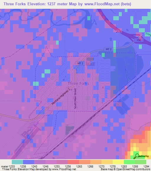 Three Forks,US Elevation Map