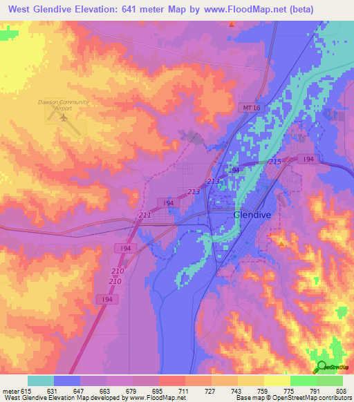 West Glendive,US Elevation Map