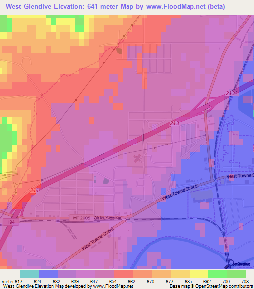 West Glendive,US Elevation Map