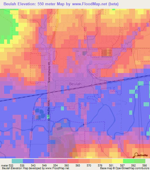 Beulah,US Elevation Map