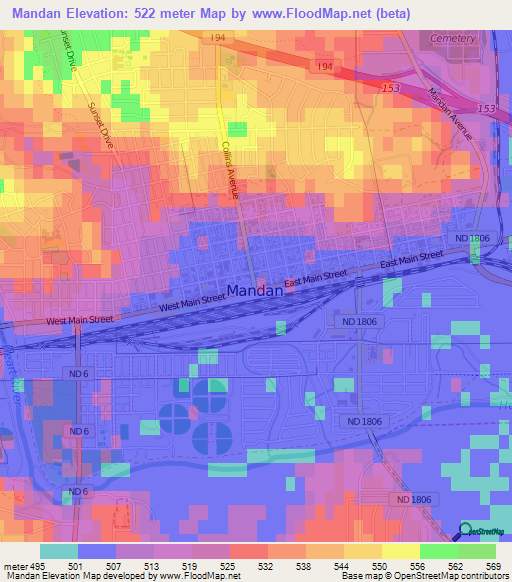 Mandan,US Elevation Map