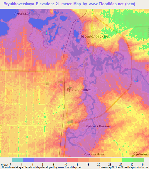 Bryukhovetskaya,Russia Elevation Map