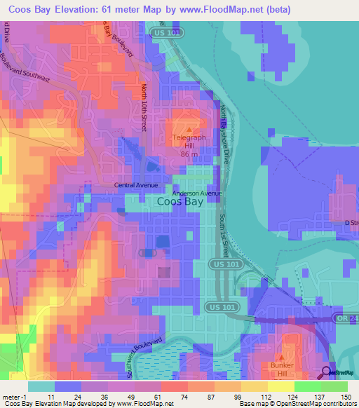 Coos Bay,US Elevation Map