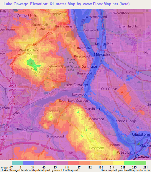 Lake Oswego,US Elevation Map