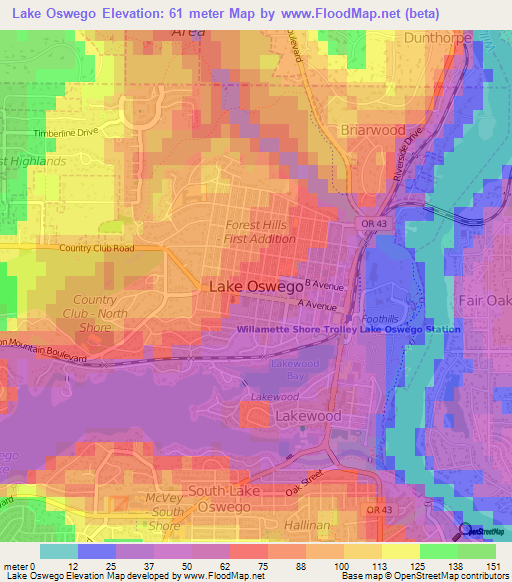 Lake Oswego,US Elevation Map