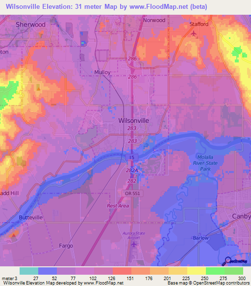 Wilsonville,US Elevation Map