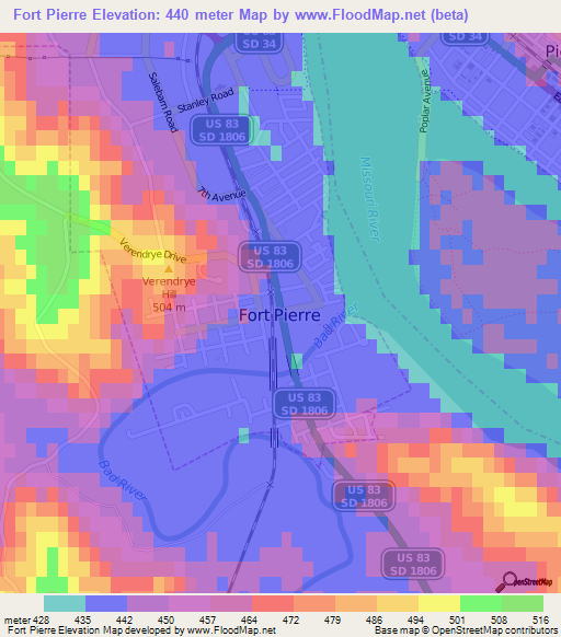 Fort Pierre,US Elevation Map