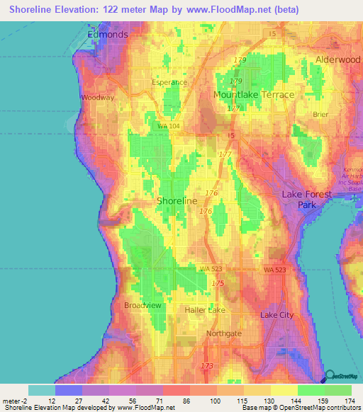 Shoreline,US Elevation Map