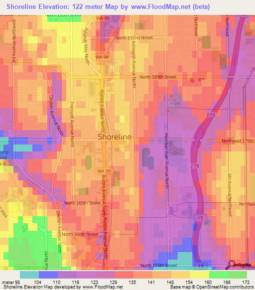 Shoreline,US Elevation Map