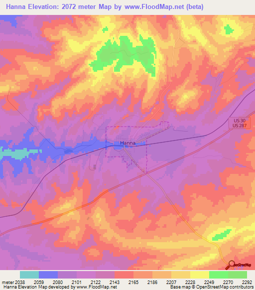 Hanna,US Elevation Map