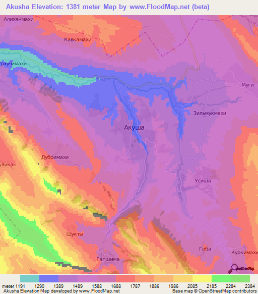 Akusha,Russia Elevation Map