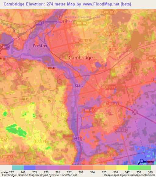 Cambridge,Canada Elevation Map