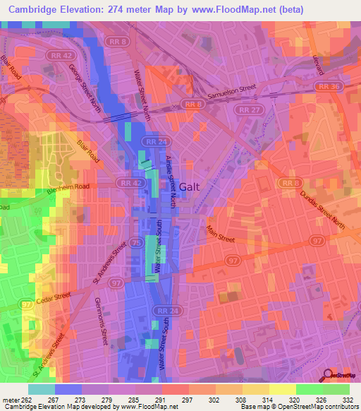 Cambridge,Canada Elevation Map