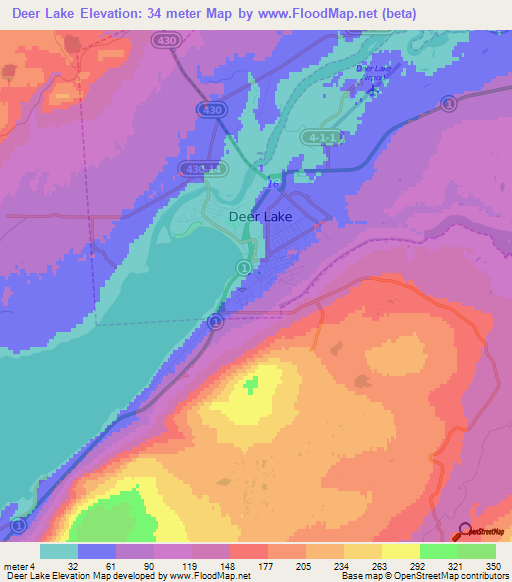 Deer Lake,Canada Elevation Map
