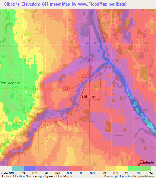 Gibbons,Canada Elevation Map