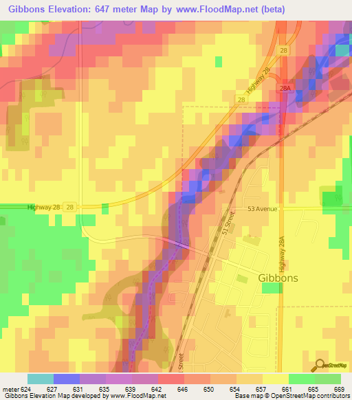 Gibbons,Canada Elevation Map