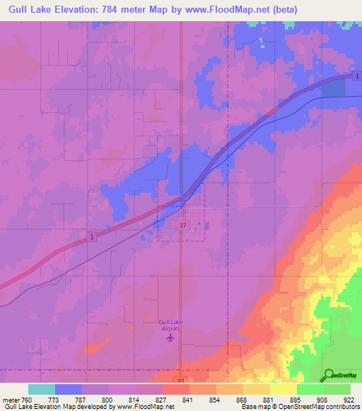 Gull Lake,Canada Elevation Map