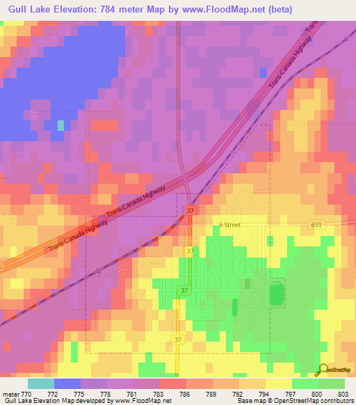 Gull Lake,Canada Elevation Map