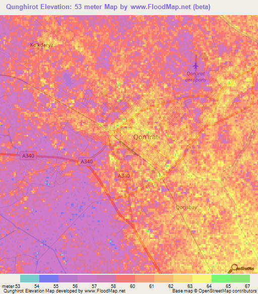 Qunghirot,Uzbekistan Elevation Map