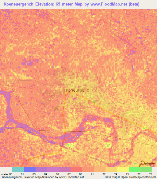 Koeneuergench,Turkmenistan Elevation Map