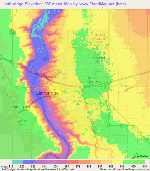 Lethbridge,Canada Elevation Map