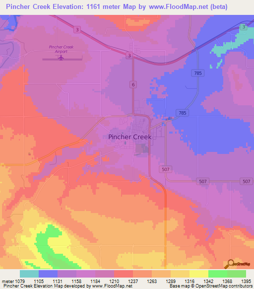 Pincher Creek,Canada Elevation Map