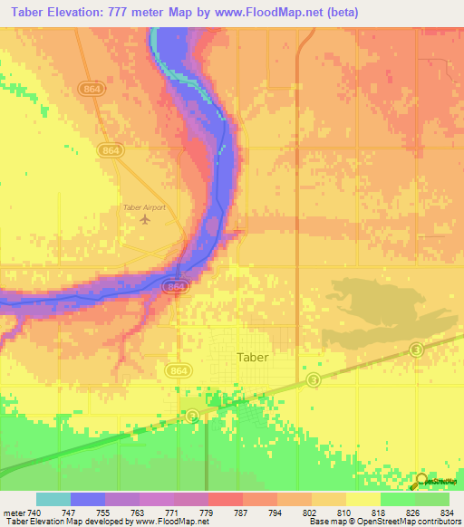 Taber,Canada Elevation Map