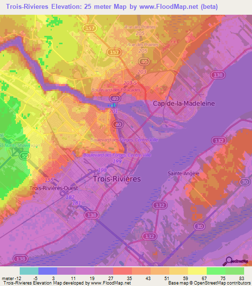 Trois-Rivieres,Canada Elevation Map