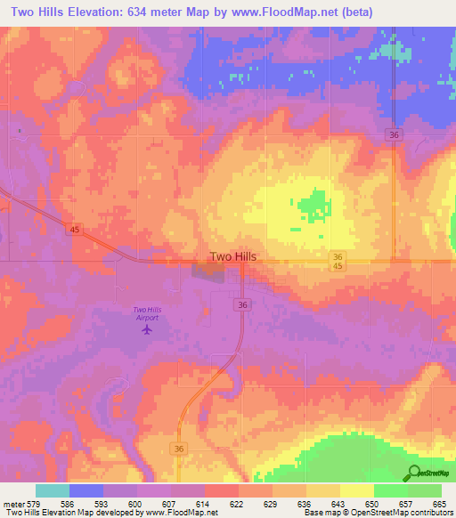 Two Hills,Canada Elevation Map